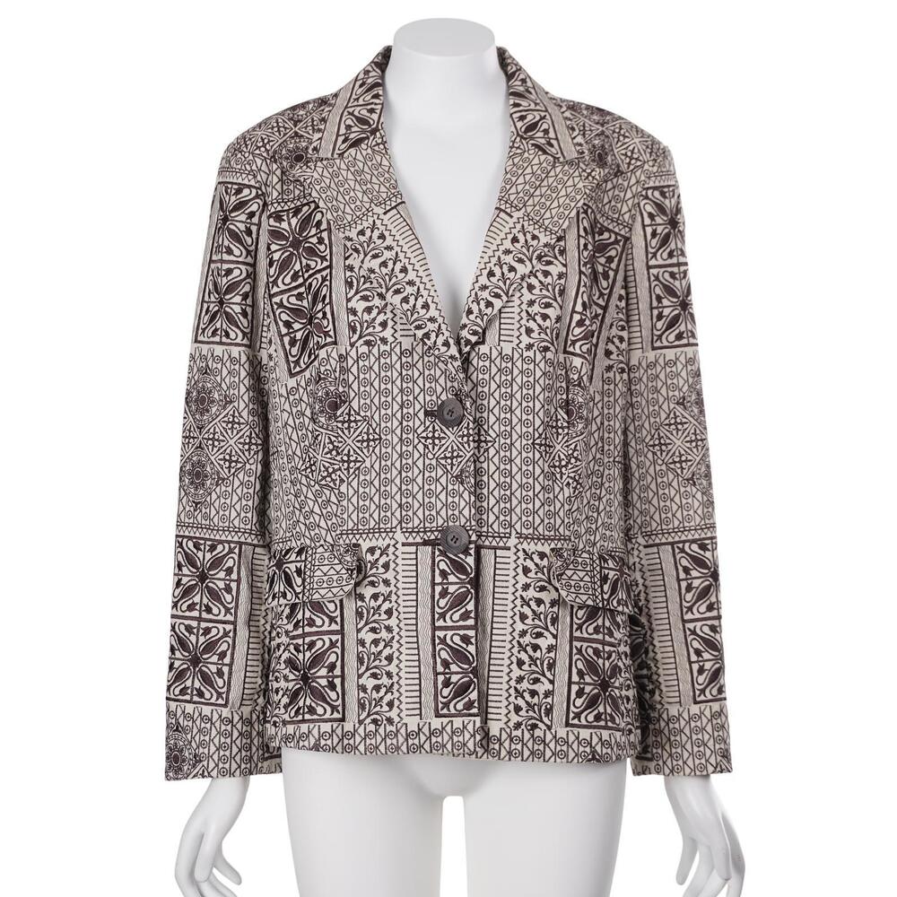 Planet Women Blazer 44 L/XL Beige Linen Brown Embroidered Lined Jacket